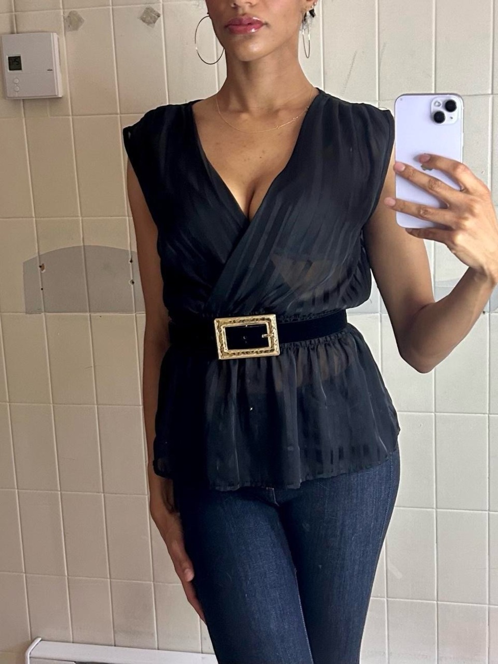 Black Satin Stripe V-Neck Peplum Top